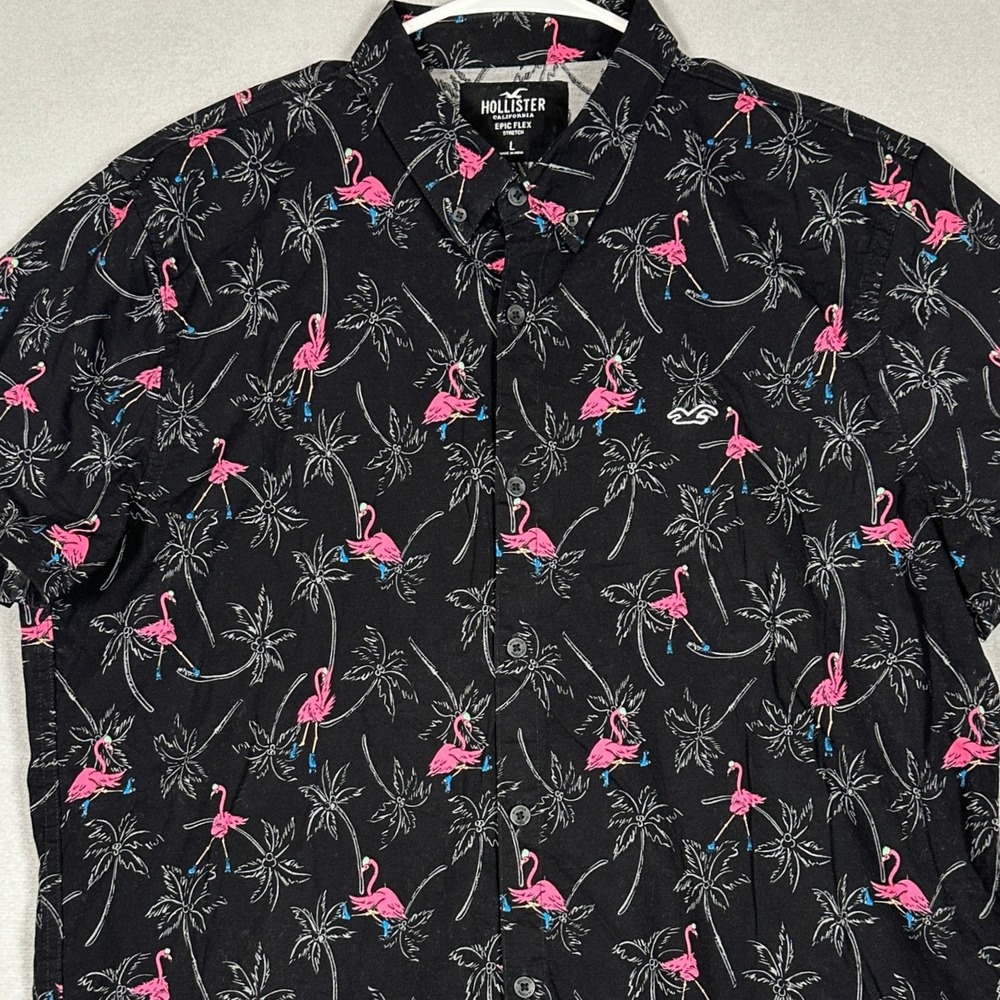 Hollister Shirt Men Large Epic Flex Black Flamingo Palm Tree Button Down Stretch